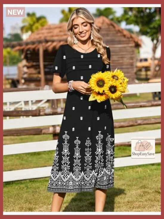 Floral Print Midi Dress Loose Fit Bohemian Casual Summer Beach Sundress with - Picture 5 of 7